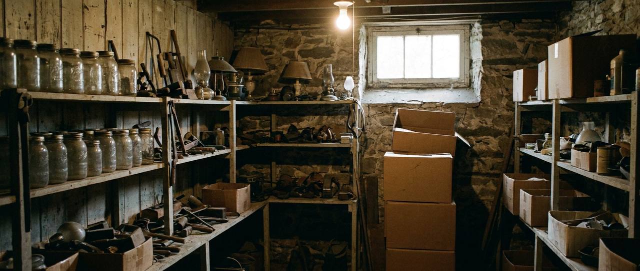 Basement shelves packed with household goods and tools awaiting estate sorting