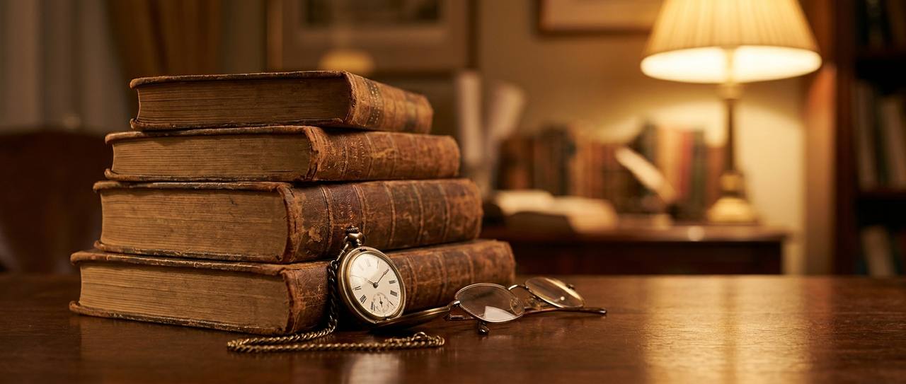 Worn leather-bound books and a brass pocket watch on a wooden table