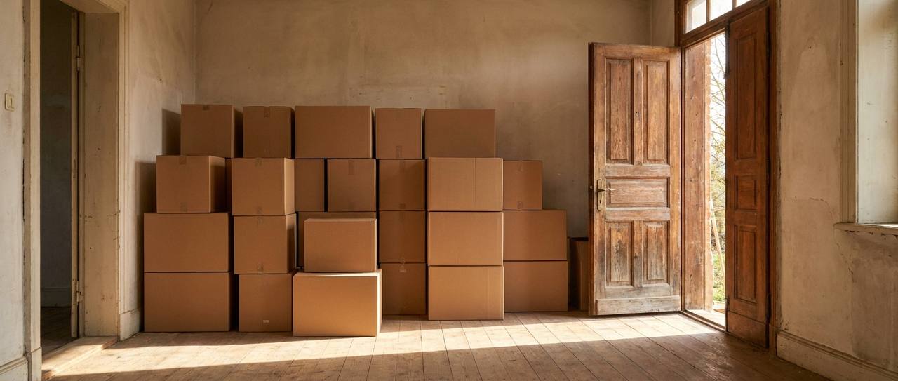 Moving boxes stacked in the entry hall of an old home during a cleanout