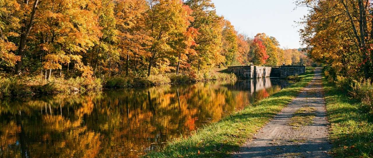 Autumn canal towpath scene, the kind of waterway landscape that threads the Mohawk Valley