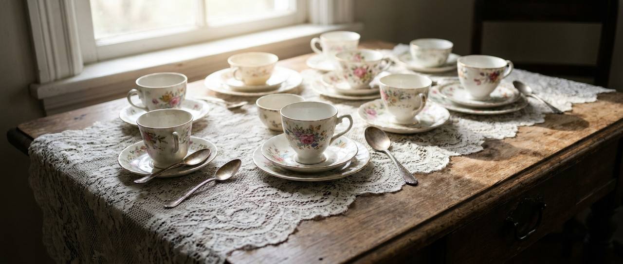 Vintage porcelain teacups and silverware arranged on lace for an estate sale