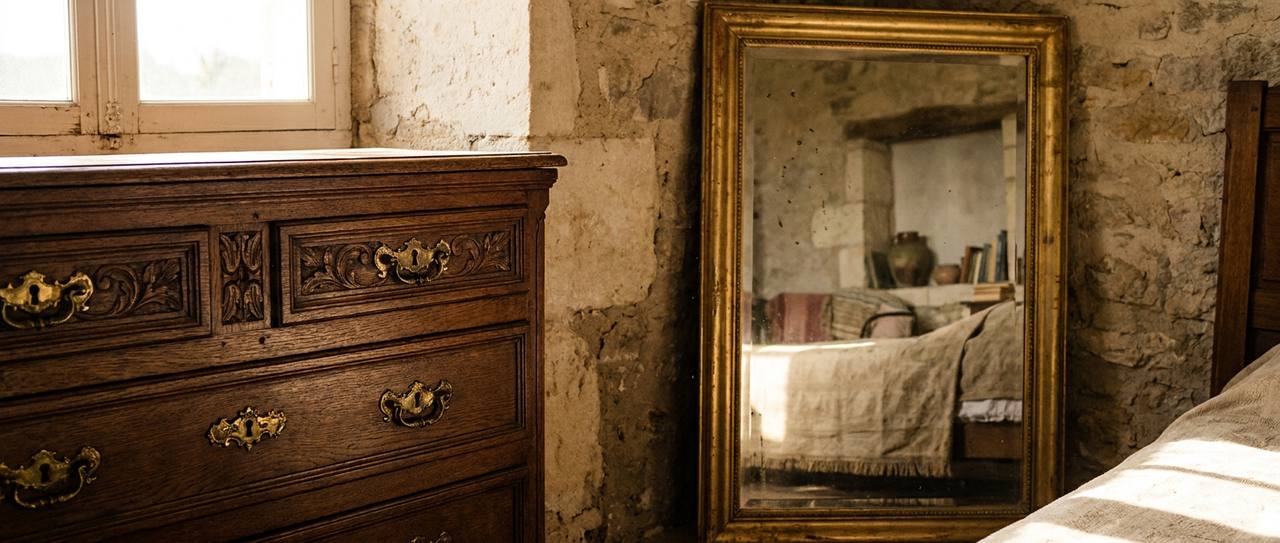 Carved antique oak dresser with brass pulls beside a gilt mirror