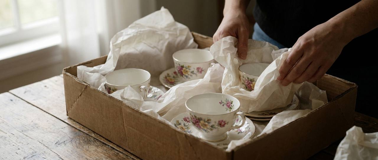 Porcelain teacups being wrapped in packing paper during a downsizing move