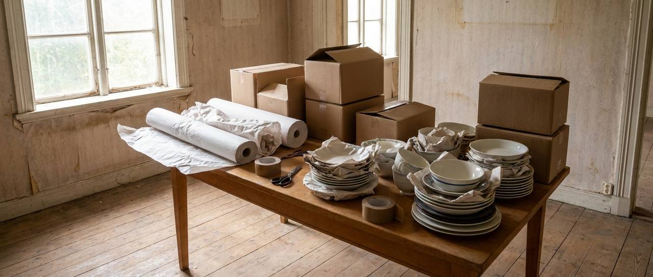 Household items being sorted and wrapped on a table in preparation for an estate sale